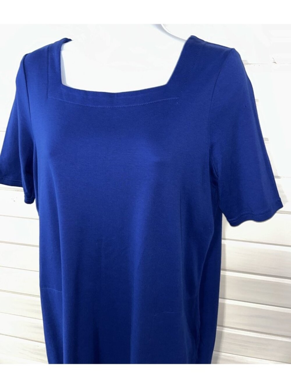 Chicos Sz 0 (SMALL) Blue Square Neck Pocket Tunic S/S 100% Cotton EUC